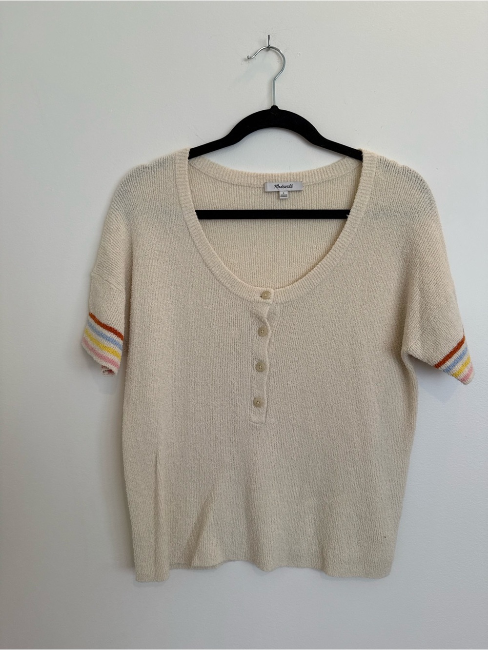 Madewell Cream Short Sleeve Henley with Multicolor Stripe Detail